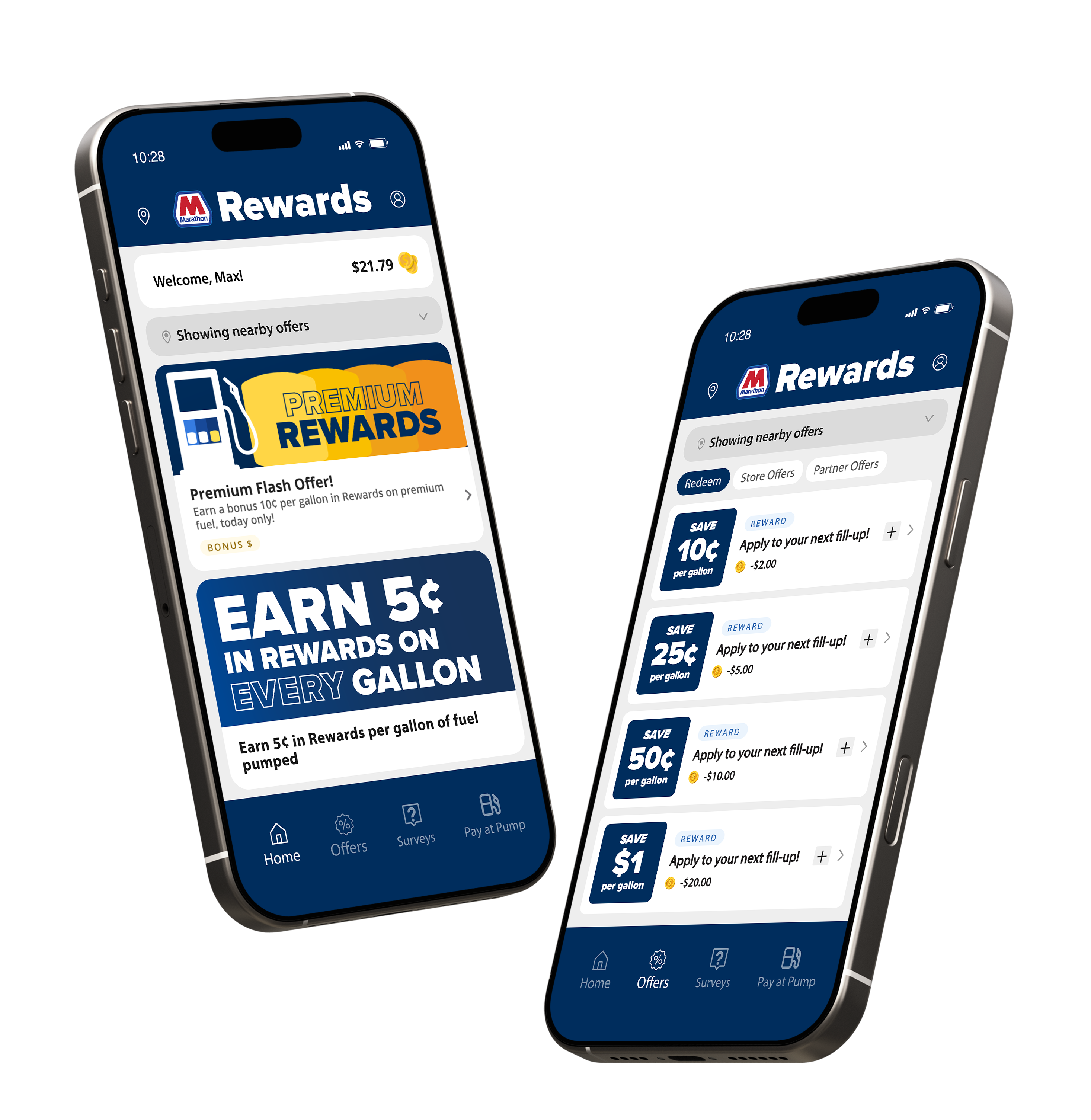 Mobile phones showing the Marathon Rewards app